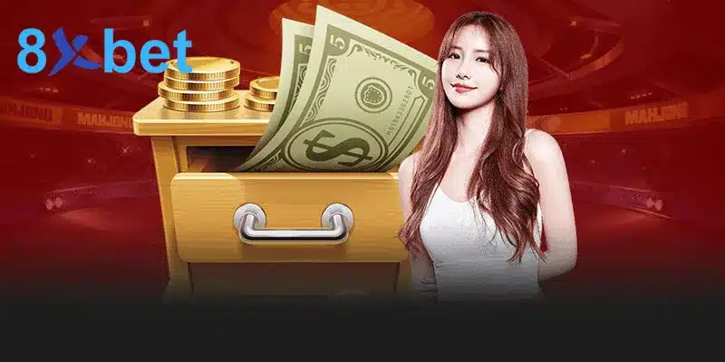 Ngăn kéo vàng đầy tiền giấy và đồng xu bên cô gái, gợi chuyện rút tiền khi hỏi 8xbet có lừa đảo không