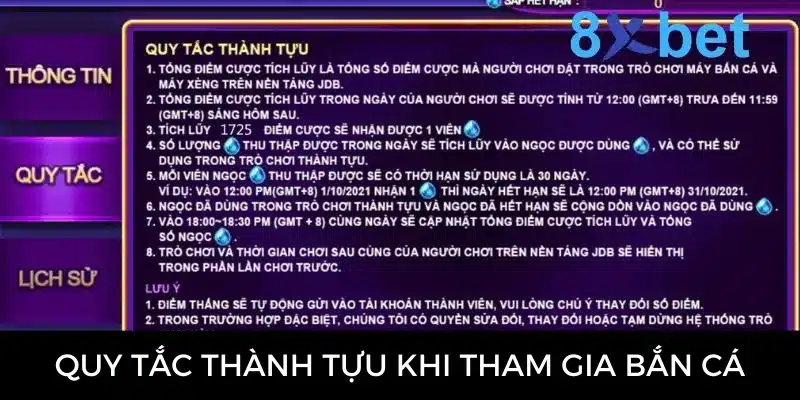Bảng quy tắc thành tựu trong bắn cá H5 nêu cách tích điểm cược đổi ngọc và thời hạn 30 ngày