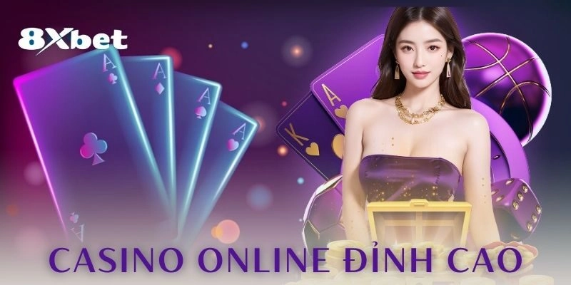 Minh họa giới thiệu 8xbet: cô gái áo đỏ cạnh biểu tượng số 7 vương miện và quân bài