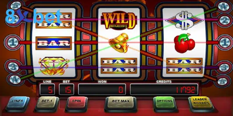 Màn hình slot 3 cuộn với 5 dòng thưởng và nút Bet Max, nơi xem chỉ số RTP trong mục thông tin