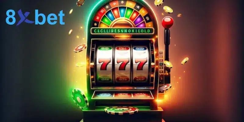 Máy slot cổ điển ba cuộn hiện dãy 777 cùng vòng quay màu phía trên, minh họa các thông số khi chọn máy slot