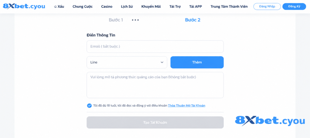 Bước 2 của form đăng ký đại lý 8xbet với ô email, kênh liên lạc, mô tả quảng bá và nút Tạo tài khoản