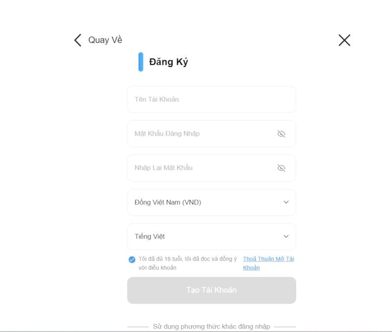 Form đăng ký 8xbet gồm tên tài khoản, mật khẩu, tiền tệ VND, ngôn ngữ và ô xác nhận đủ 18 tuổi