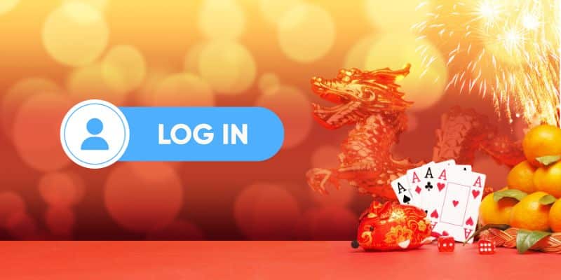 Nút Log in minh họa khi đăng nhập 8xbet gặp sự cố, bên cạnh tượng rồng đỏ, bộ bài và xúc xắc