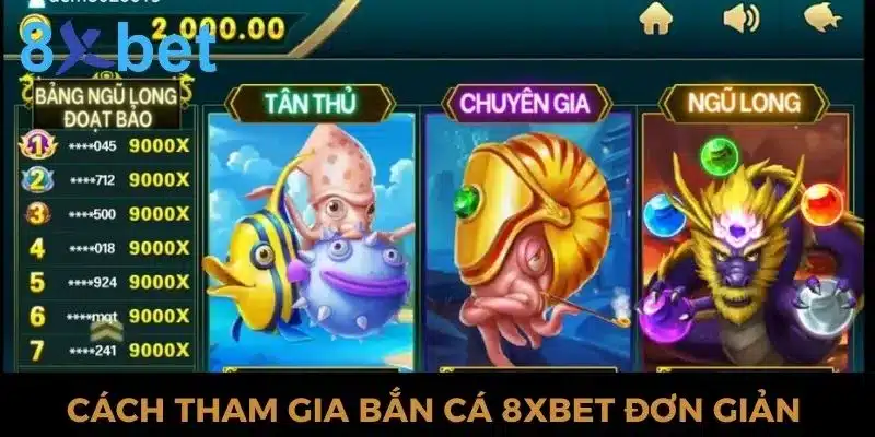 Sảnh game bắn cá online có ba phòng Tân thủ, Chuyên gia, Ngũ Long cùng bảng xếp hạng thưởng 9000X