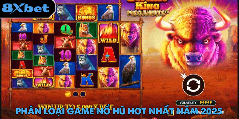 Lưới cuộn game nổ hũ kiểu Megaways với biểu tượng bò rừng, đại bàng, Wild, Bonus và thanh độ biến động