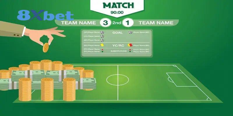 Minh họa hoàn trả cược thể thao với bàn tay đặt đồng xu lên chồng tiền cạnh sân bóng và bảng tỷ số