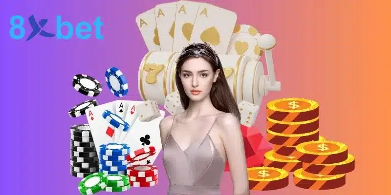 Hình minh họa khuyến mãi 8xbet với cô gái giữa chip casino, lá bài, máy slot và chồng đồng xu vàng