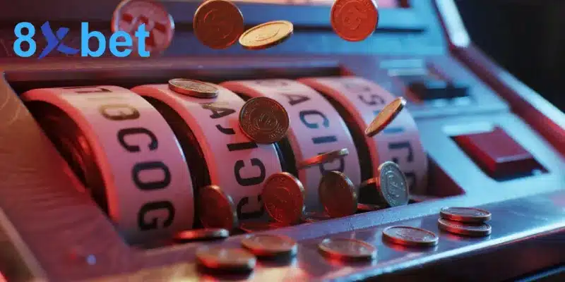 Cận cảnh cuộn quay máy slot với nhiều đồng xu rơi xuống, nhắc người chơi kiểm soát vốn từng vòng