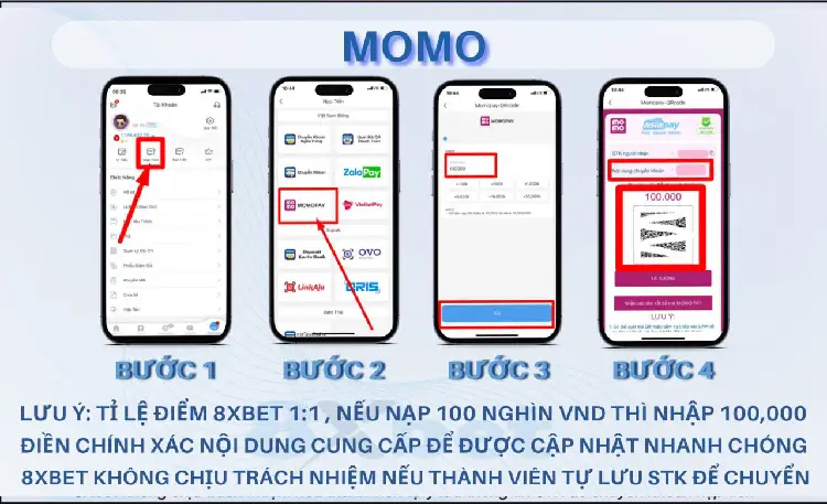 Bốn bước nạp tiền 8xbet qua ví Momo, từ chọn Momopay đến quét mã QR để thanh toán