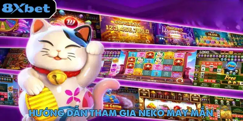 Mèo may mắn cầm đồng tiền vàng trước sảnh nhiều game slot, minh họa cách tìm neko may mắn