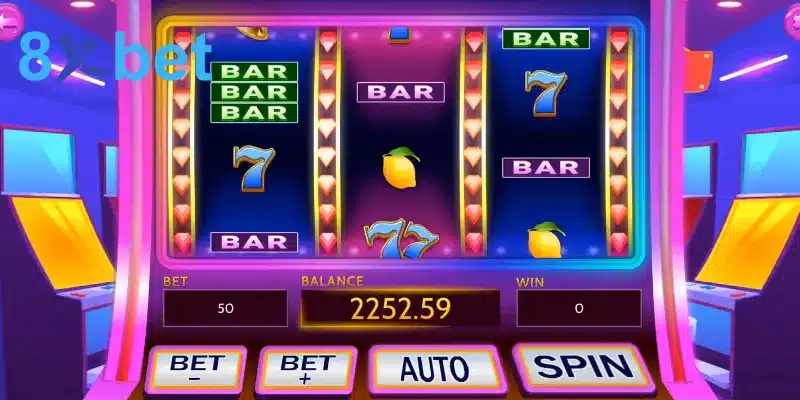 Máy quay slot miễn phí ba cuộn với các nút Bet, Auto, Spin và số dư hiển thị bên dưới
