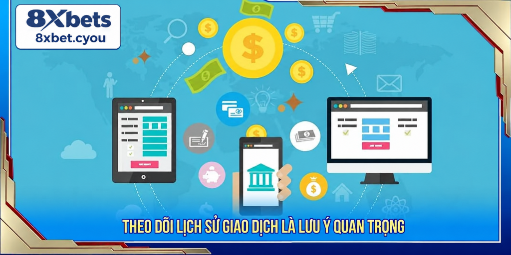 Máy tính bảng, điện thoại và màn hình giao dịch minh họa việc theo dõi lịch sử rút tiền 8xbet
