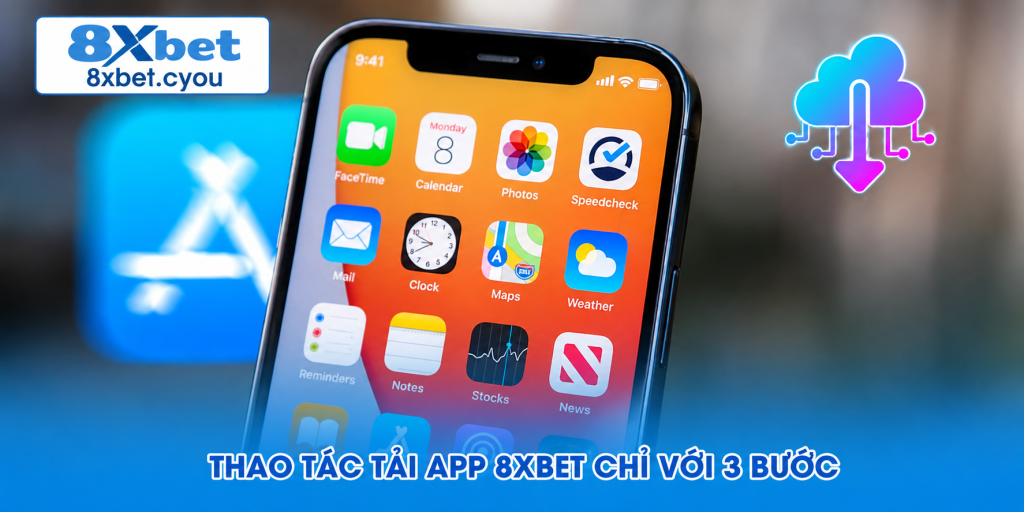 iPhone hiển thị màn hình chính bên cạnh biểu tượng tải xuống, minh họa tải app 8xbet chỉ với ba bước