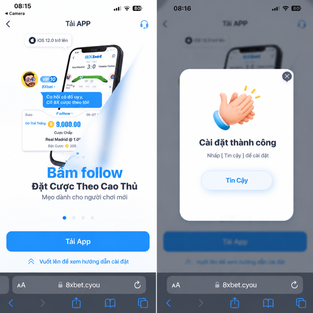 Hai màn hình tải app 8xbet trên iPhone: nút Tải App và thông báo cài đặt thành công kèm nút Tin cậy