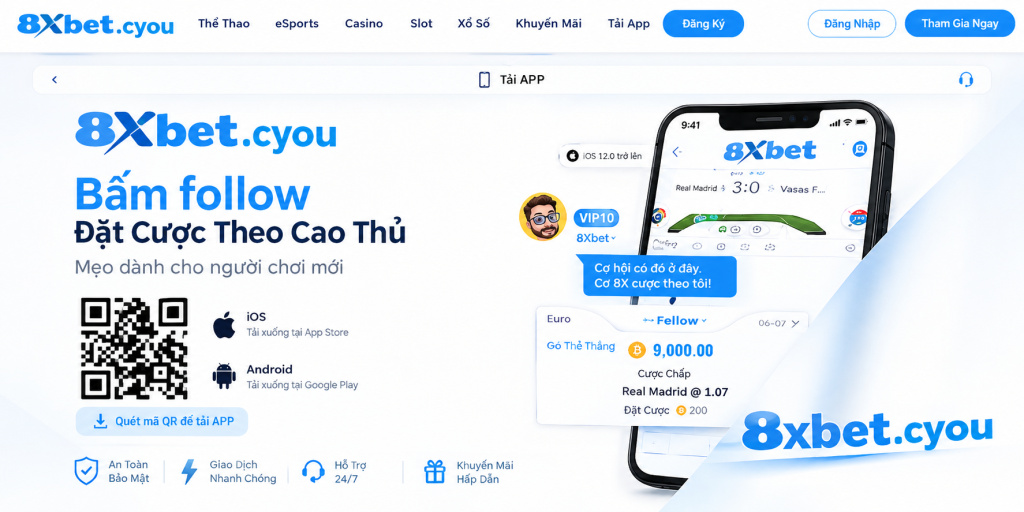 Trang tải app 8xbet trên máy tính với mã QR và ghi chú iOS 12, Android 7.0 trở lên