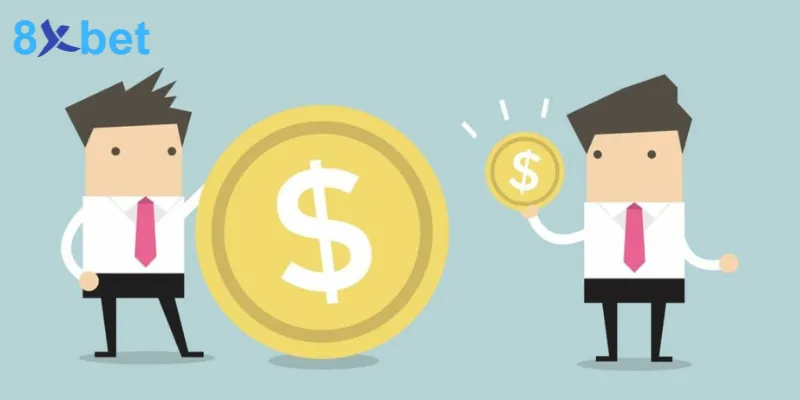Hai nhân vật hoạt hình cầm đồng xu lớn và nhỏ, minh họa mức cược khi chơi keno minh chính
