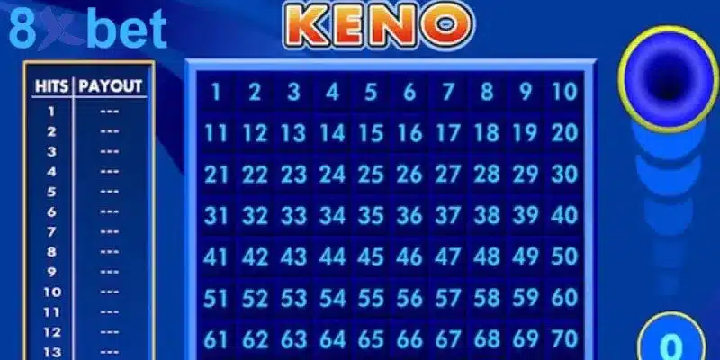 Màn hình Keno xanh với lưới số và cột Hits Payout giúp đối chiếu kết quả keno với tiền thưởng