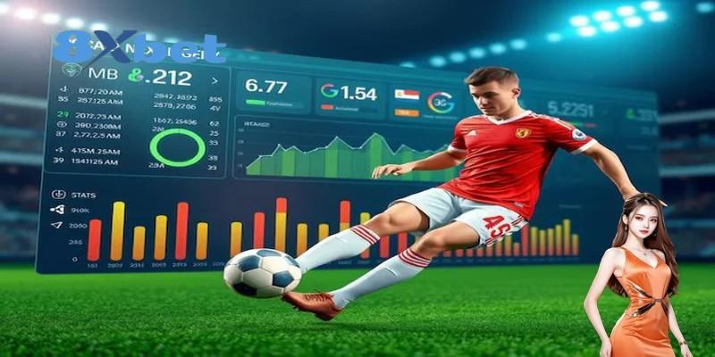 Cầu thủ áo đỏ sút bóng trước màn hình thống kê, minh họa việc tra cứu kết quả world cup 2026