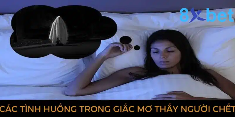 Người phụ nữ ngủ say, bong bóng suy nghĩ hiện bóng ma phủ khăn trắng, minh họa mơ thấy người chết