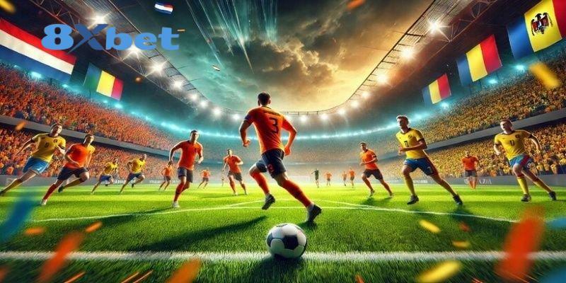 Cầu thủ áo cam dẫn bóng giữa sân vận động rực đèn, gợi nhắc nạp tiền ngân hàng trước trận đấu lớn