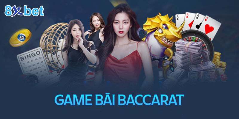 Banner baccarat 8xbet với các dealer nữ, lá bài, chip và dòng chữ Game Bài Baccarat