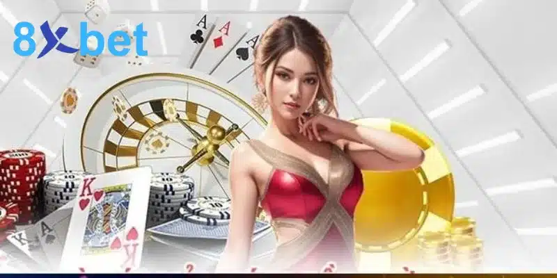 Banner casino với người mẫu, roulette, lá bài và phỉnh vàng, ví dụ ưu đãi hào nhoáng cần kiểm tra để bảo vệ tài khoản