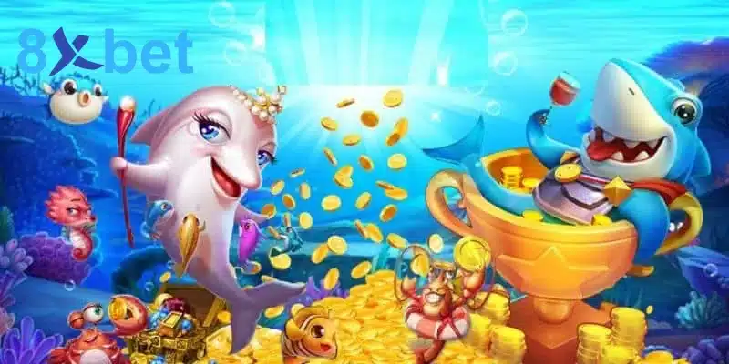 Hình minh họa cách chơi bắn cá với cá heo, cá mập hoạt hình và kho xu vàng dưới đáy đại dương