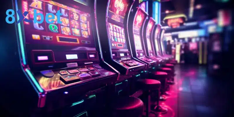 Dãy máy slot đèn neon tím hồng trong sòng bài, minh họa chỉ số RTP của từng máy