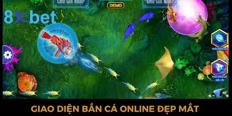 Giao diện game bắn cá online với đàn cá vàng, cá đuối và pháo đỏ trên nền rạn san hô xanh lá
