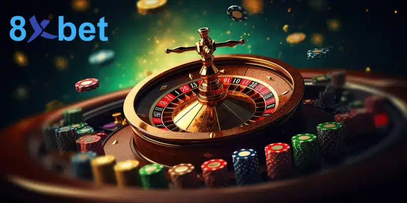 Vòng quay roulette cùng chip màu và logo 8xbet, minh họa trò chơi cần giấy phép hoạt động để được kiểm định
