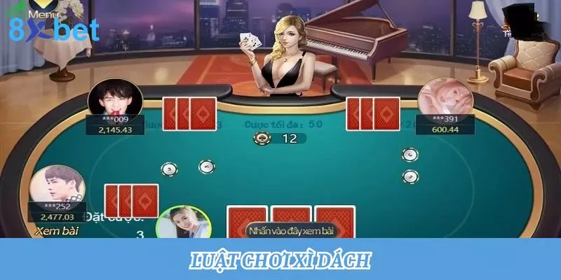Minh họa luật chơi xì dách trên bàn trực tuyến với dealer nữ cầm bài và bốn người chơi chờ xem bài
