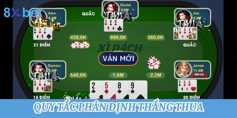 Ván bài minh họa luật chơi xì dách phân định thắng thua với tay 21 điểm thắng và tay quắc thua