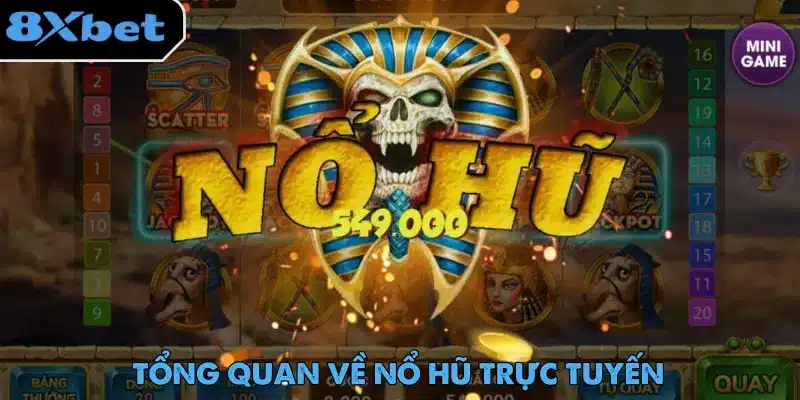 Màn hình nổ hũ trực tuyến chủ đề Ai Cập với đầu lâu pharaoh, chữ NỔ HŨ và biểu tượng Scatter