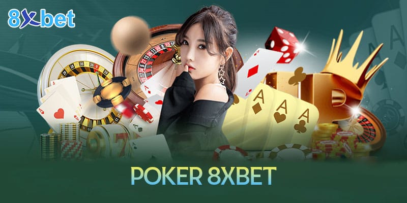 Banner poker 8xbet với cô gái, bộ bài át, chip và vòng roulette trên nền xanh