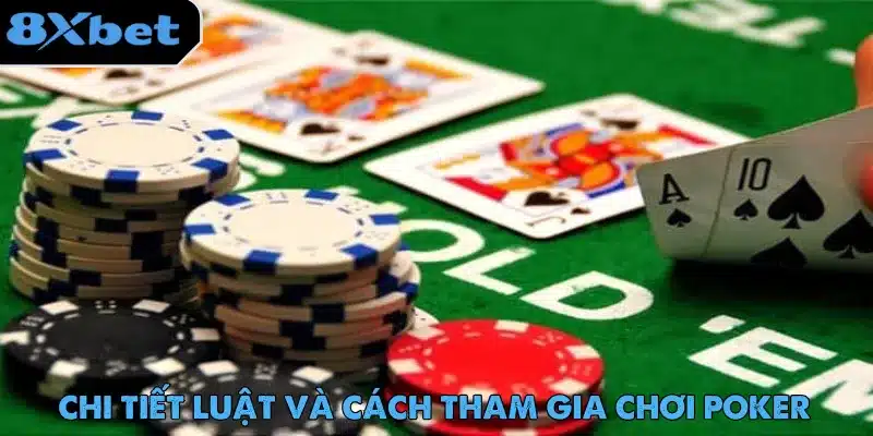 Tay bài A và 10 bích trên bàn Texas Hold'em xanh cạnh chồng chip, minh họa luật poker online