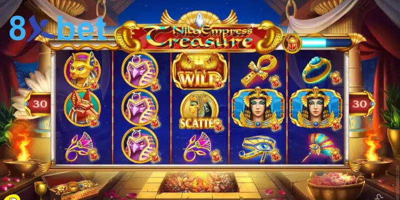 Màn hình quay slot miễn phí chủ đề Ai Cập với biểu tượng Wild, Scatter và 5 cuộn quay