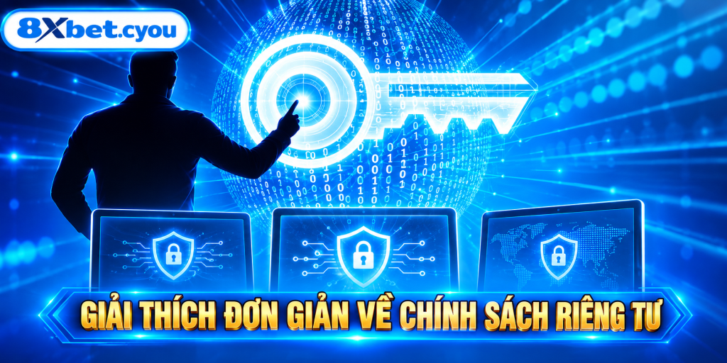 Minh họa quyền riêng tư 8xbet với người chỉ tay vào chiếc chìa khóa phát sáng trên nền mã nhị phân