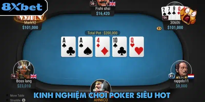 Bàn poker online với 5 lá chung A A 4 10 Q, ví dụ so kicker theo thứ tự poker