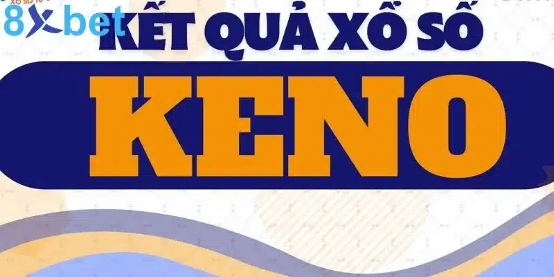 Banner kết quả keno với chữ KENO màu cam trên dải xanh đậm và logo 8xbet ở góc trái