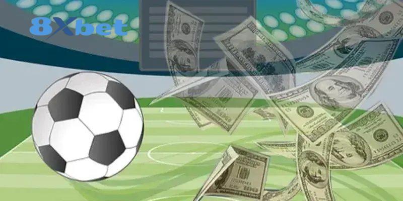 Minh họa nạp tiền ngân hàng với quả bóng đá trên sân cỏ và những tờ tiền giấy bay lên